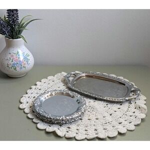Vintage Silver Tone Serving Tray Set, 2 Mini Serving Trays & 4 Grape coasterd